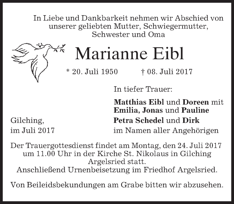  Traueranzeige für Marianne Eibl vom 19.07.2017 aus merkurtz