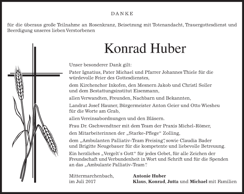  Traueranzeige für Konrad Huber vom 22.07.2017 aus merkurtz