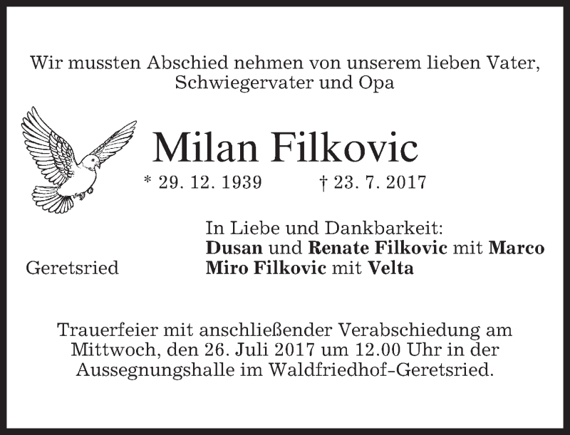  Traueranzeige für Milan Filkovic vom 25.07.2017 aus merkurtz