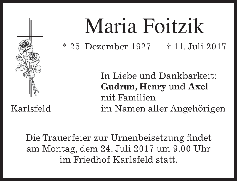  Traueranzeige für Maria Foitzik vom 19.07.2017 aus merkurtz
