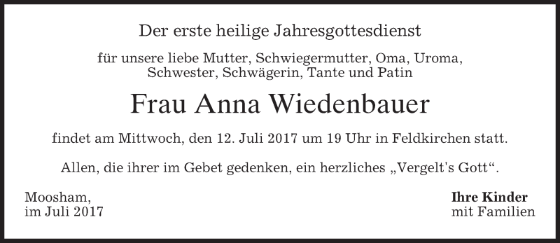  Traueranzeige für Anna Wiedenbauer vom 08.07.2017 aus merkurtz
