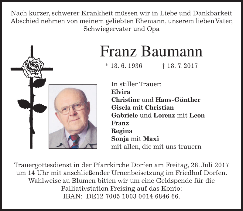  Traueranzeige für Franz Baumann vom 26.07.2017 aus merkurtz