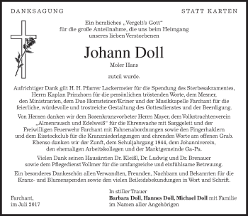 Traueranzeige von Johann Doll von merkurtz