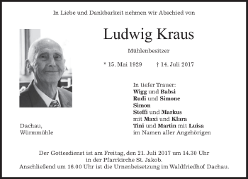Traueranzeige von Ludwig Kraus von merkurtz