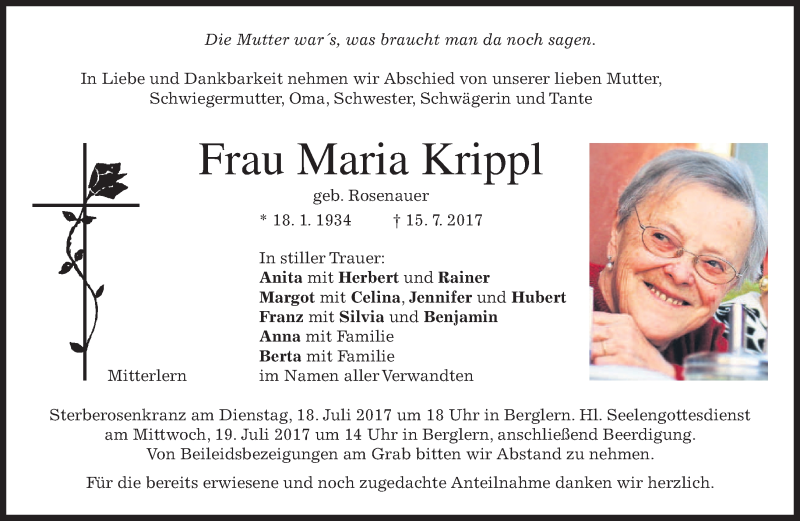  Traueranzeige für Maria Krippl vom 17.07.2017 aus merkurtz