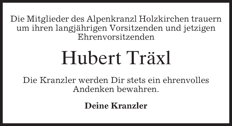  Traueranzeige für Hubert Träxl vom 11.07.2017 aus merkurtz