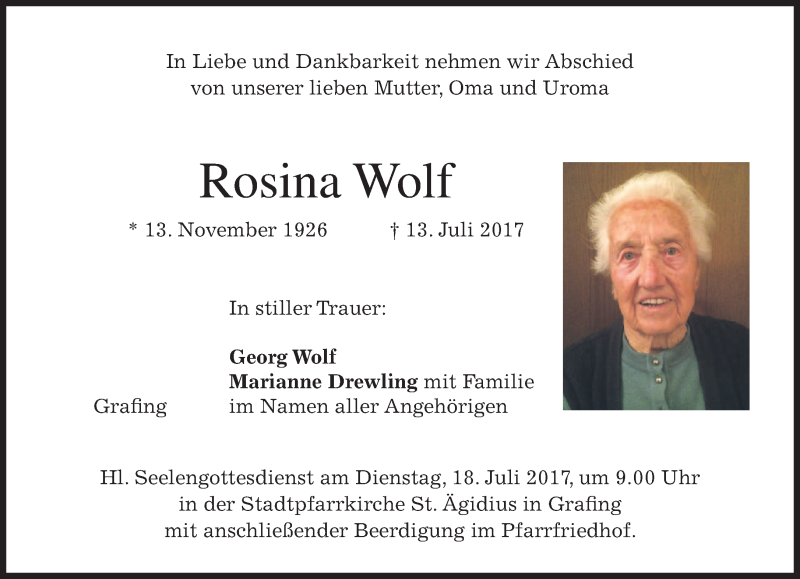  Traueranzeige für Rosina Wolf vom 15.07.2017 aus merkurtz
