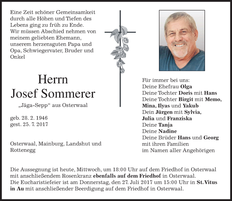  Traueranzeige für Josef Sommerer vom 26.07.2017 aus merkurtz