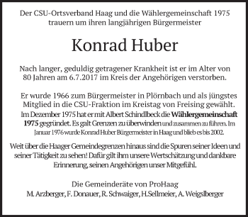 Traueranzeige von Konrad Huber von merkurtz