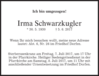 Traueranzeige von Irma Schwarzkugler von merkurtz