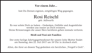 Traueranzeige von Rosi Reischl von merkurtz