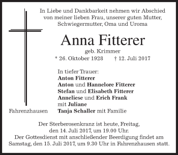 Traueranzeige von Anna Fitterer von merkurtz