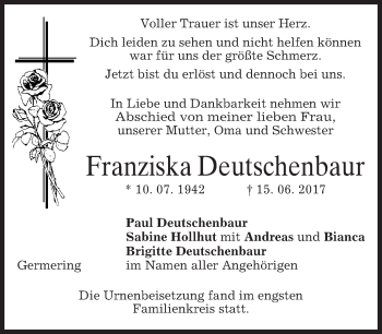 Traueranzeige von Franziska Deutschenbaur von merkurtz