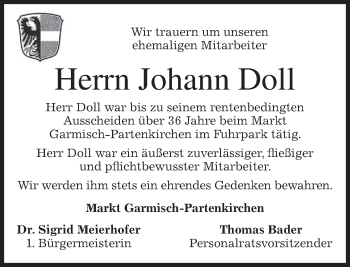 Traueranzeige von Johann Doll von merkurtz