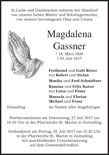 Traueranzeige von Magdalena Gassner von merkurtz