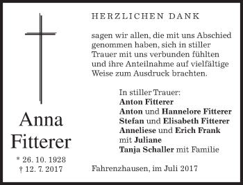 Traueranzeige von Anna Fitterer von merkurtz