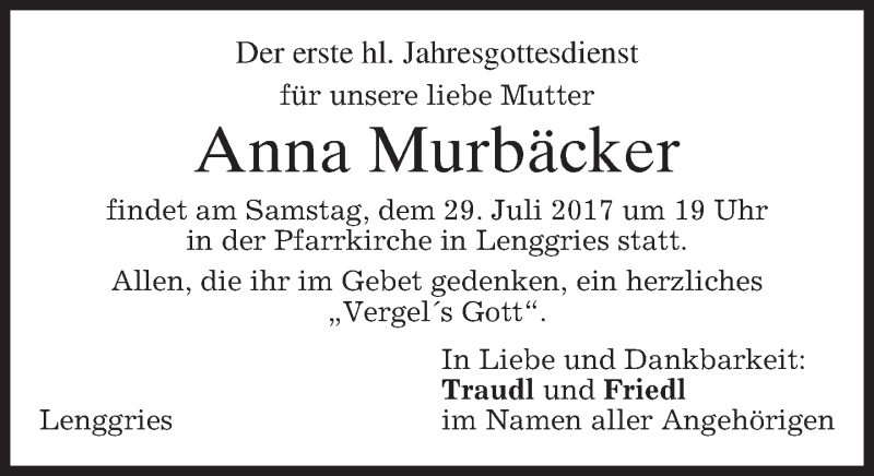  Traueranzeige für Anna Murbäcker vom 27.07.2017 aus merkurtz