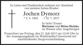 Traueranzeige von Jochen Dymorz von merkurtz