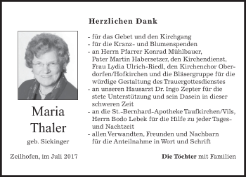Traueranzeige von Maria Thaler von merkurtz