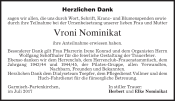 Traueranzeige von Vroni Nominikat von merkurtz