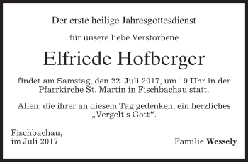 Traueranzeige von Elfriede Hofberger von merkurtz