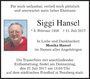 Traueranzeige von Siggi Hansel von merkurtz
