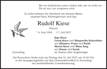 Traueranzeige von Rudolf Kiese von merkurtz