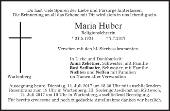 Traueranzeige von Maria Huber von merkurtz