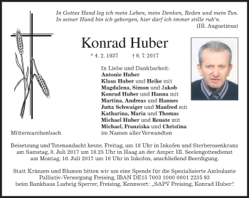 Traueranzeige von Konrad Huber von merkurtz