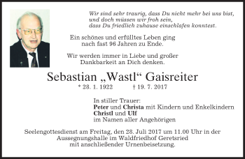 Traueranzeige von Sebastian Wastl Gaisreiter von merkurtz