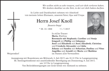 Traueranzeige von Josef Knoll von merkurtz