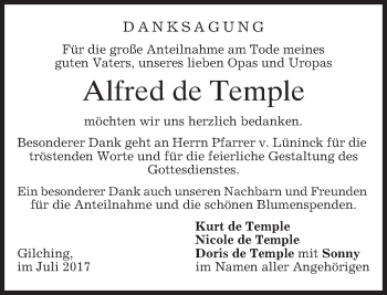 Traueranzeige von Alfred de Temple von merkurtz
