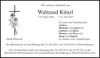 Traueranzeige von Waltraud Künzl von merkurtz