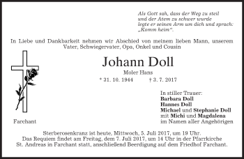 Traueranzeige von Johann Doll von merkurtz