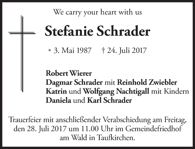  Traueranzeige für Stefanie Schrader vom 26.07.2017 aus merkurtz