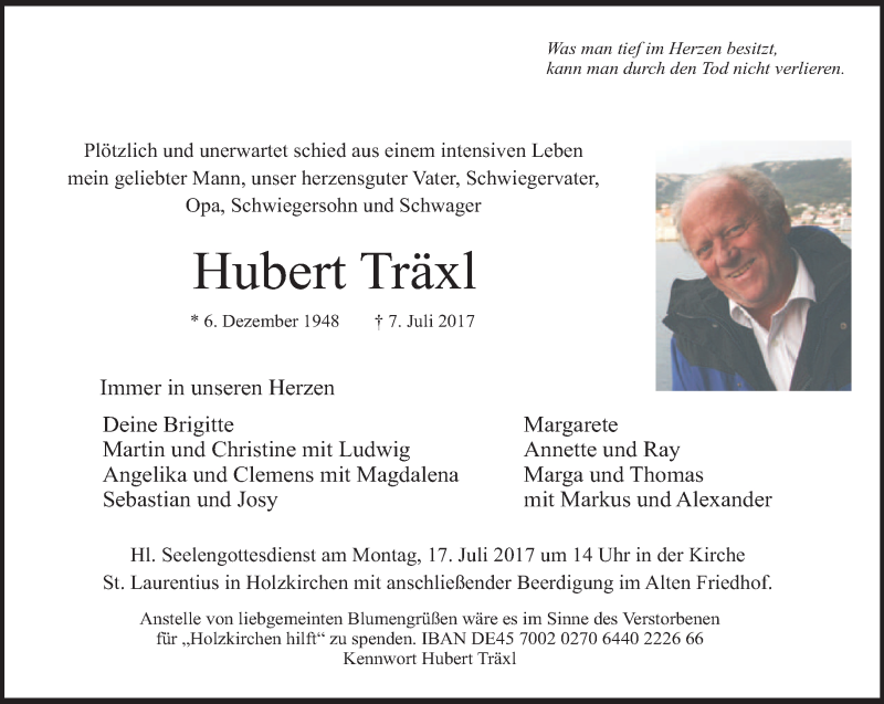  Traueranzeige für Hubert Träxl vom 11.07.2017 aus merkurtz