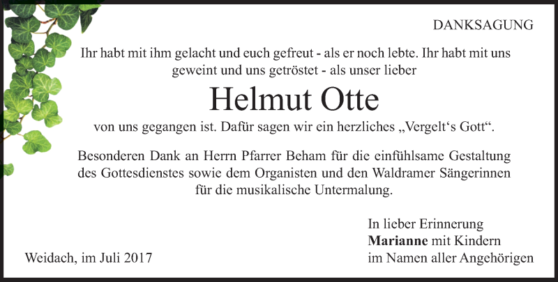  Traueranzeige für Helmut Otte vom 08.07.2017 aus merkurtz