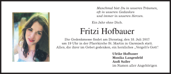 Traueranzeige von Fritzi Hofbauer von merkurtz