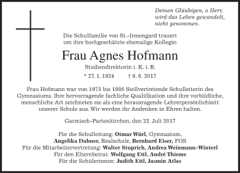 Traueranzeige von Agnes Hofmann von merkurtz