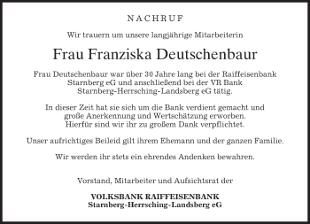 Traueranzeige von Franziska Deutschenbaur von merkurtz