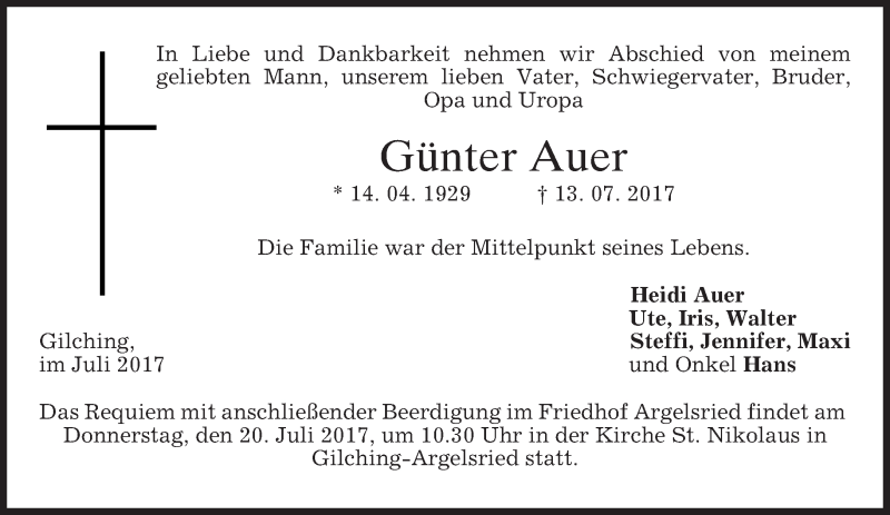  Traueranzeige für Günter Auer vom 15.07.2017 aus merkurtz