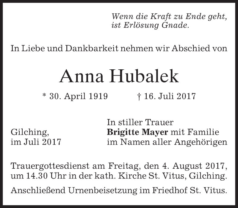 Traueranzeige für Anna Hubalek vom 29.07.2017 aus merkurtz