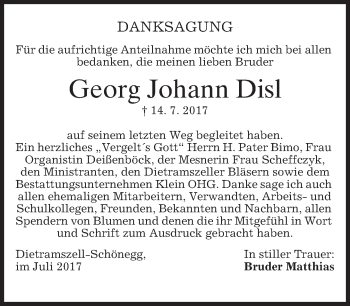 Traueranzeige von Georg Johann Disl von merkurtz