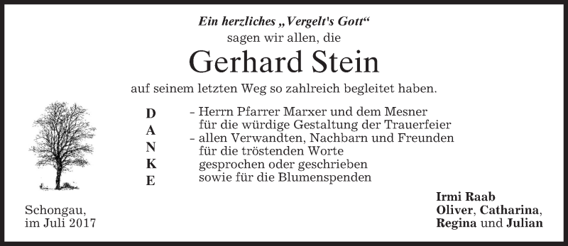  Traueranzeige für Gerhard Stein vom 29.07.2017 aus merkurtz