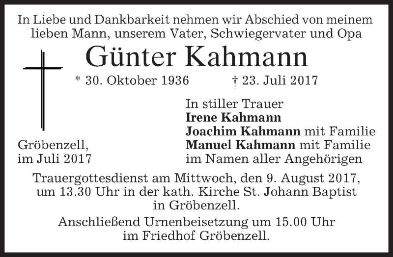  Traueranzeige für Günter Kahmann vom 29.07.2017 aus merkurtz