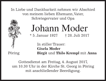Traueranzeige von Johann Moder von merkurtz