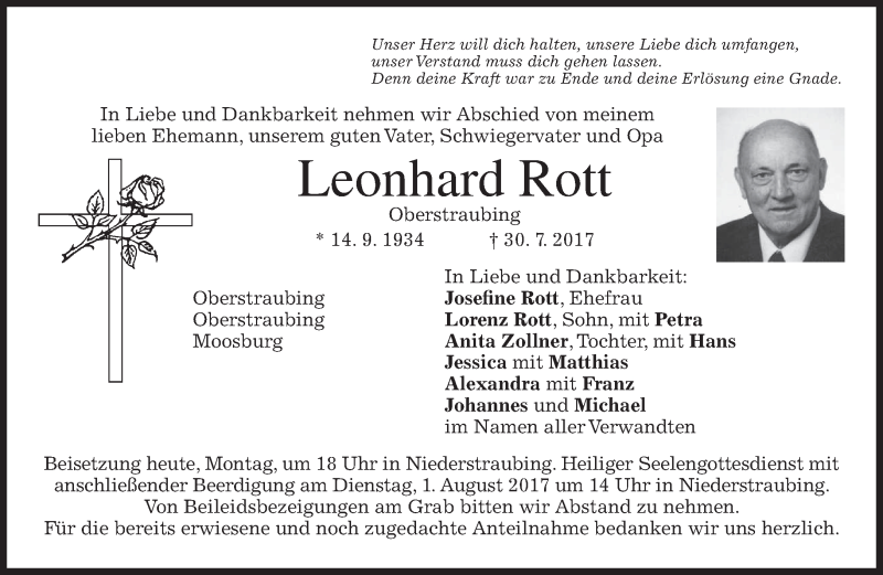  Traueranzeige für Leonhard Rott vom 31.07.2017 aus merkurtz