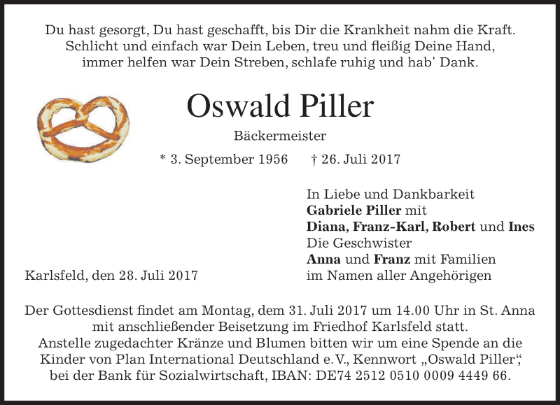  Traueranzeige für Oswald Piller vom 28.07.2017 aus merkurtz