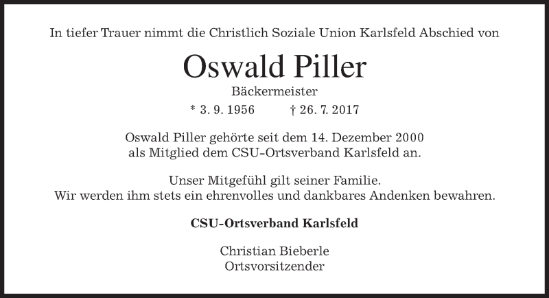  Traueranzeige für Oswald Piller vom 31.07.2017 aus merkurtz