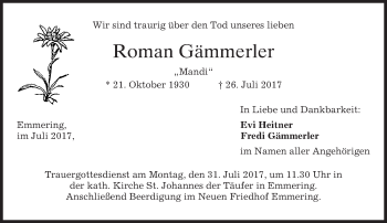 Traueranzeige von Roman Gämmerler von merkurtz